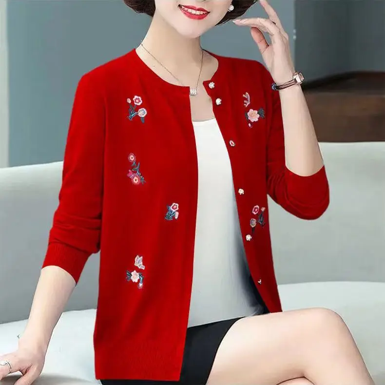 2023 New Autumn and Winter Women\'s Fashion Trend Simple and Exquisite Round Neck Embroidery Casual Versatile Cardigan Sweater