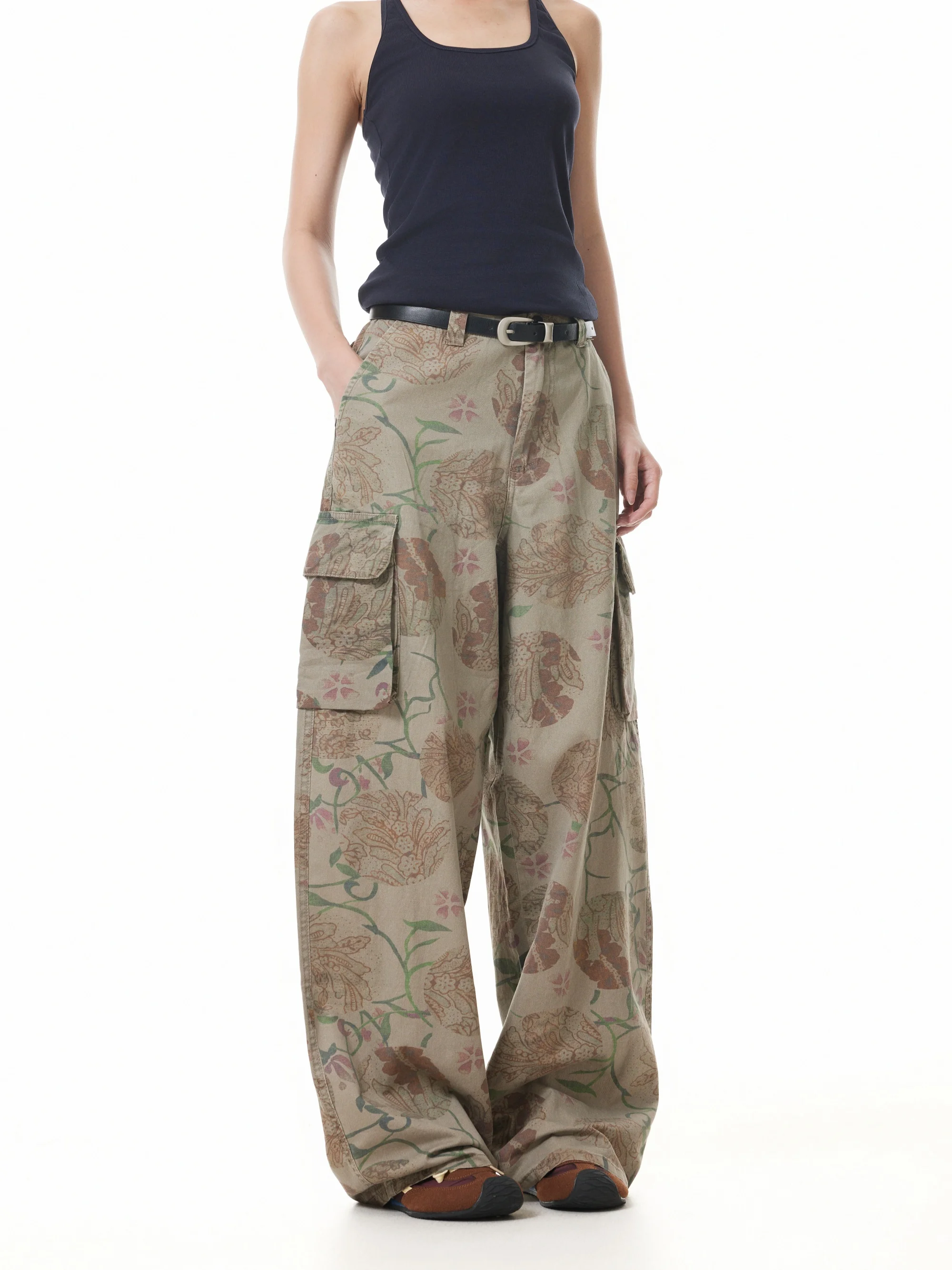 Amerikaanse retro bloem volledig bedrukte cargobroek met meerdere zakken Niche hiphop straat losse wijde pijpen casual mode