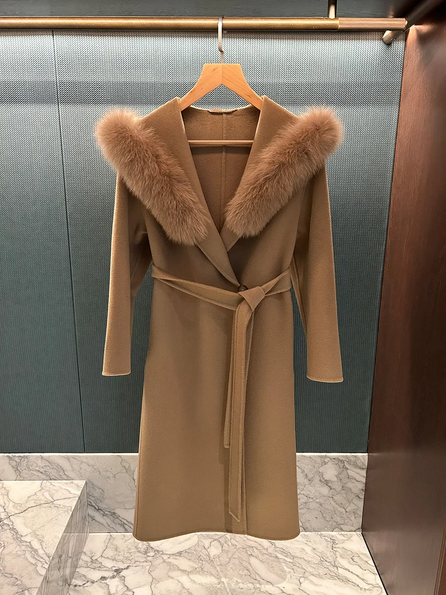 

Autumn/Winter Minimalist Hooded Camel-Colored Fox Fur Collar Mid-Length Reversible Cashmere Wool Coat