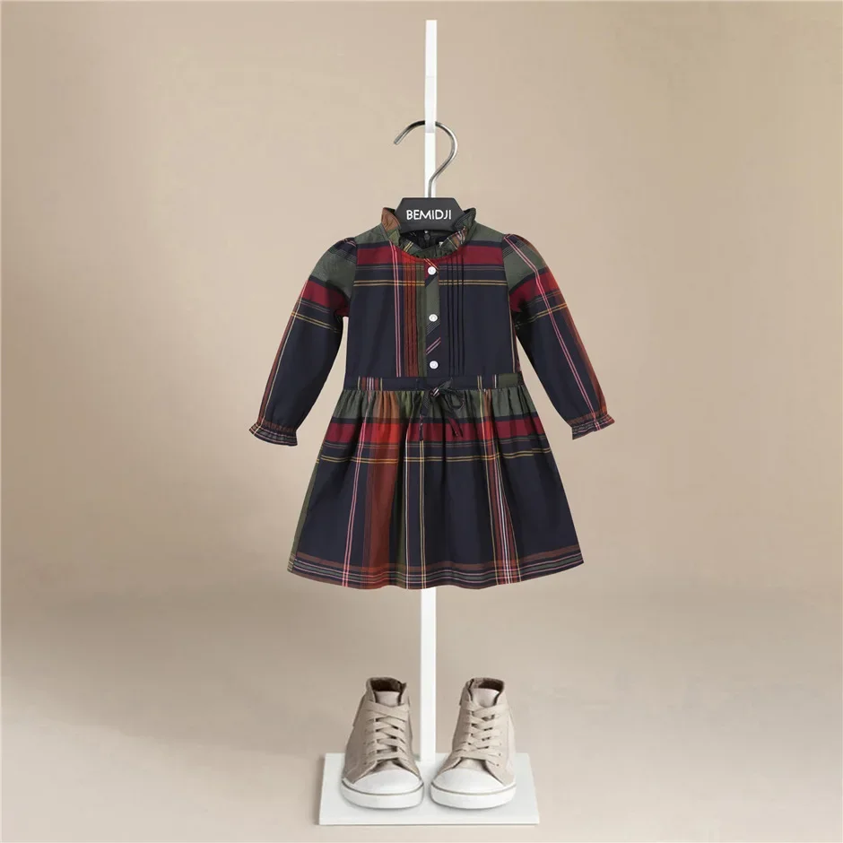 Children's Clothing Kids Clothes Bow Belt Autumn Cotton Fall Baby Girls Long Sleeves Striped Plaid Hearts Lapel Collar Dresses