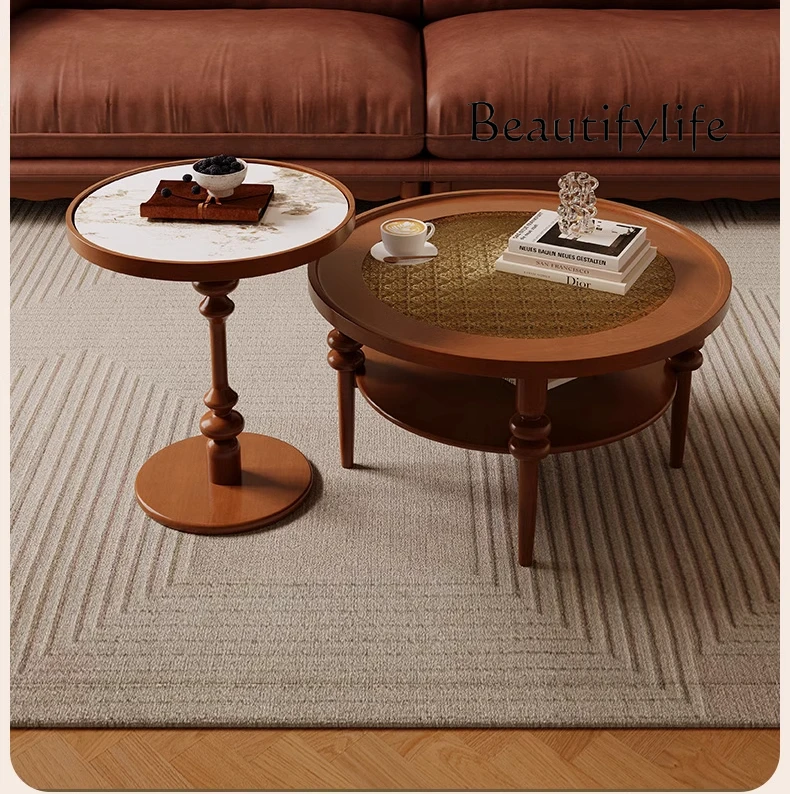 

French retro solid wood round coffee table living room home tea table small coffee table American medieval tea table edge table