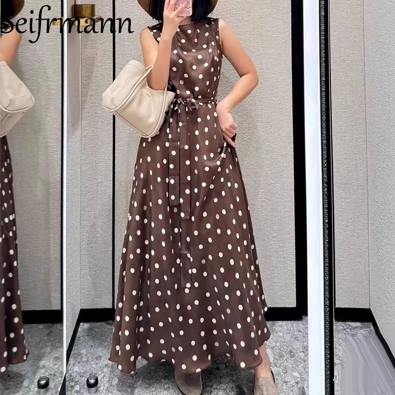 Seifrmann 2026 Sommer Damen Neues Modisches Ärmelloses Seidenkleid mit Rundhalsausschnitt und Polka-Dot-Print, Tailliertes Langes Kleid ﻿
