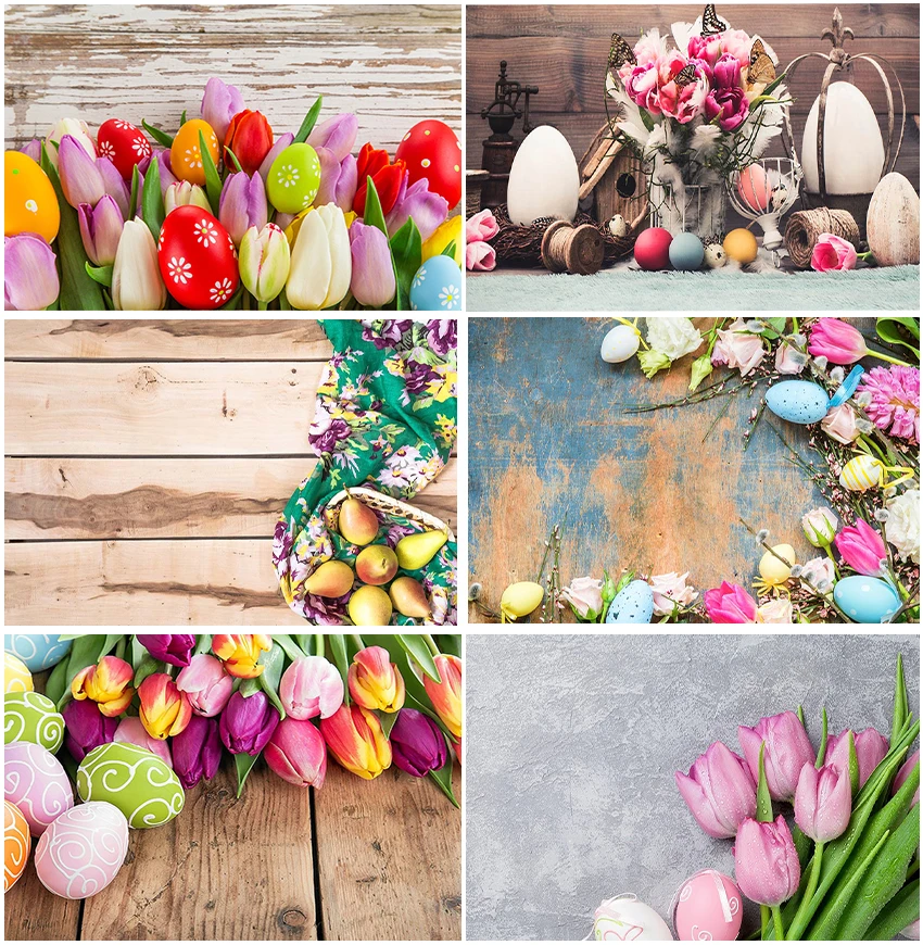 Spring Flowers Tulip Wooden Boards Color Eggs Children Portrait Backdrop For Happy Easter Holiday Photography Backgrounds Banner