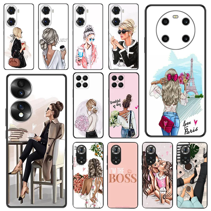 Black Matte Phone Case for Honor X8b X8 X7 X6 a X9 b 90 70 Magic5 8x City Girl Fashion Boss Huawei P40 P30 P20 Psmart Soft Cover