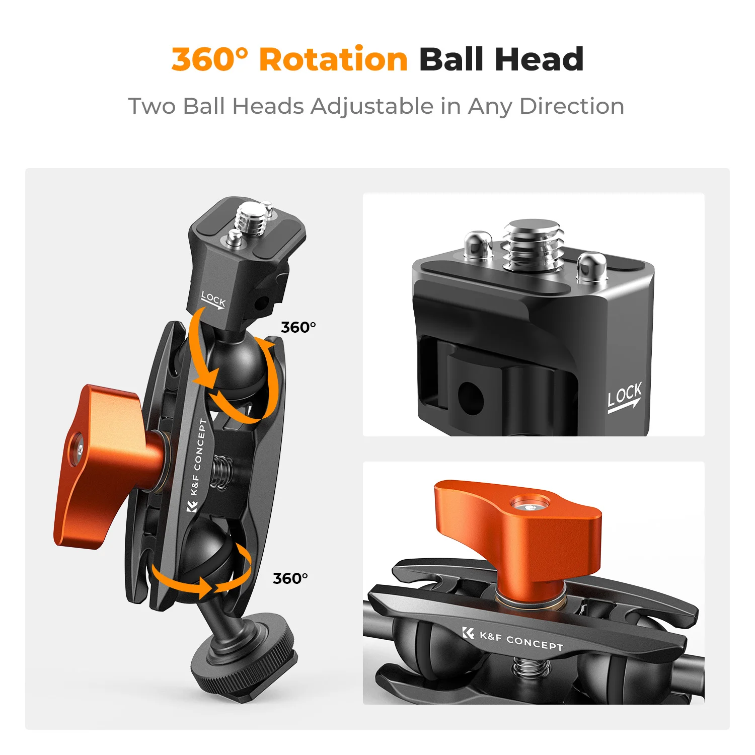 K&F Concept Magic Arm Multi-Function Double Ball Head with Cold Shoe Mount and 1/4"-20 Screw for Super Clamp Monitor LED Light