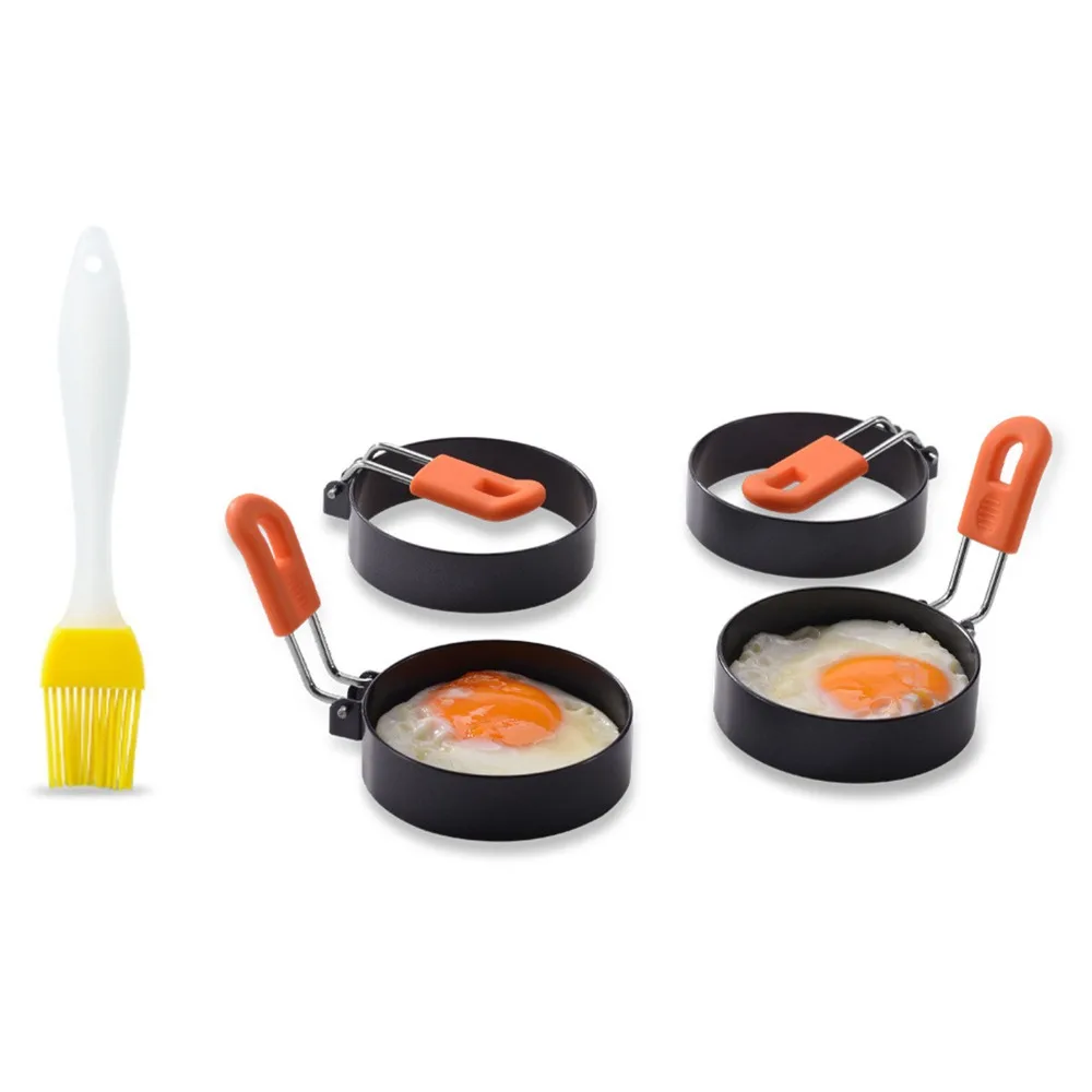 5PCS Stainless Steel Egg Ring Nonstick Coating Silicone Handle Round Egg Cooker Ring Round Shape Frying Egg Mold Griddle Skillet