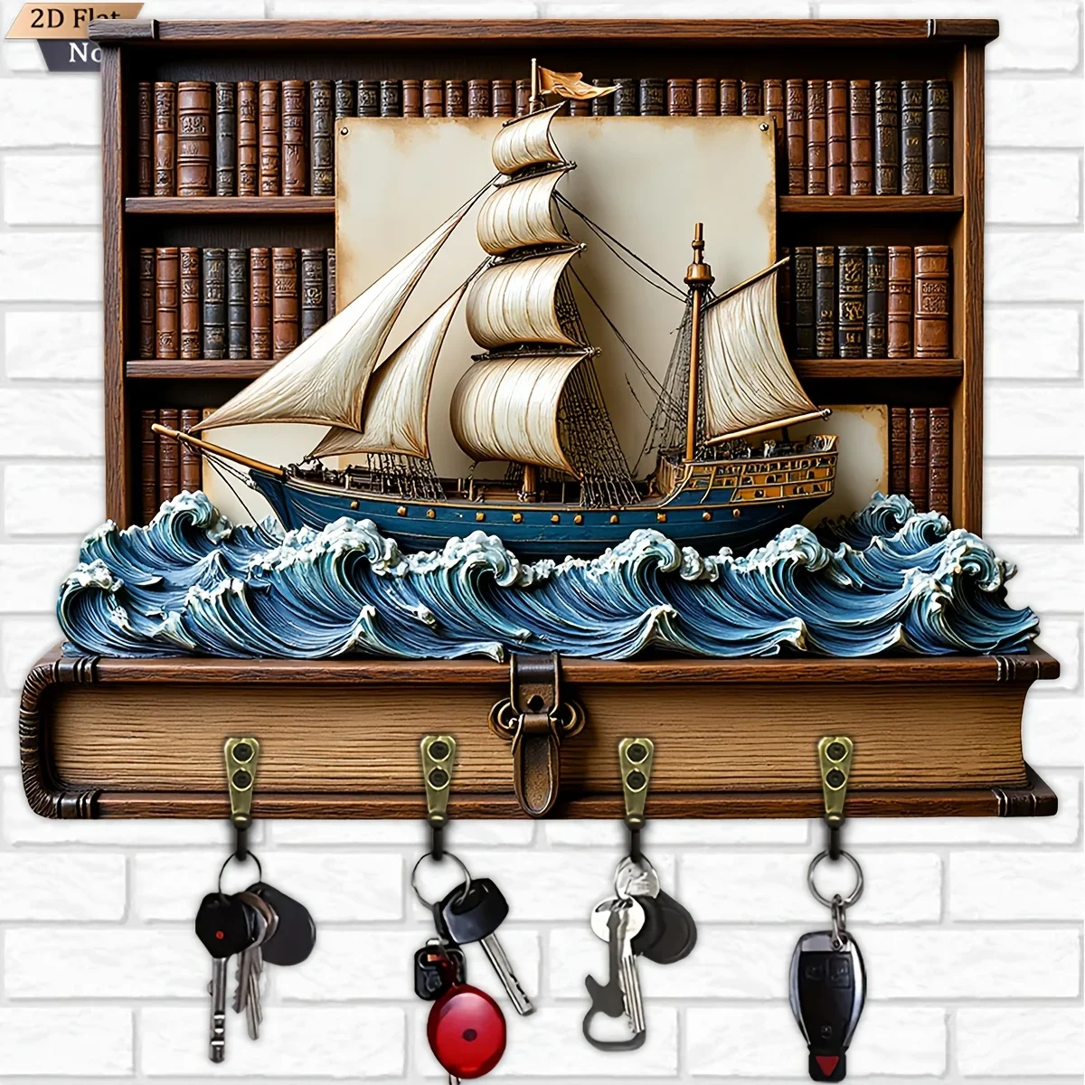 2D Flat, 1pc, Sailboat-shaped Key Hook, Wooden Multi-functional Home Key Rack, with Four Metal Hooks, Wall Decoration, Porch