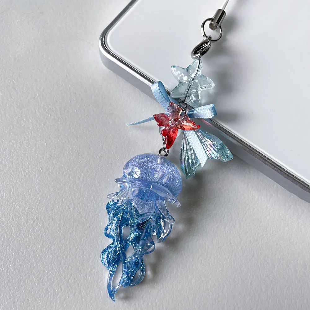 Blue Pink Jellyfish Phone Charm Starfish Mermaid Fishtail Bow Bead Fairycore Keychain Wallet Schoolbag Car Key Decor Jewelry view 5