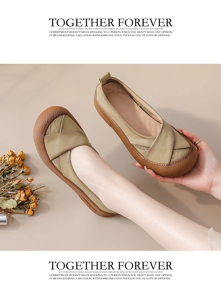 Neue Echtleder-Ballerinas für Damen, V-Ausschnitt Slip-On Schuhe, Retro-Kreuzfalt-Mokassins mit Prägungsmuster für Damen – Detail 16