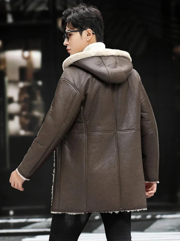 Original Ecology Fur Coat Men's Long Genuine Leather Clothes Autumn and Winter New Hooded Jacket Brown Shearling