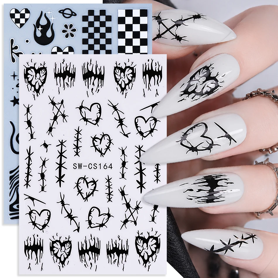 2 Stück schwarze, dornige, herzförmige Nagelkunst-Aufkleber, Y2K-Stil, dorniges Seil, Flamme, selbstklebende Nagelaufkleber, DIY-Maniküre-Dekoration
