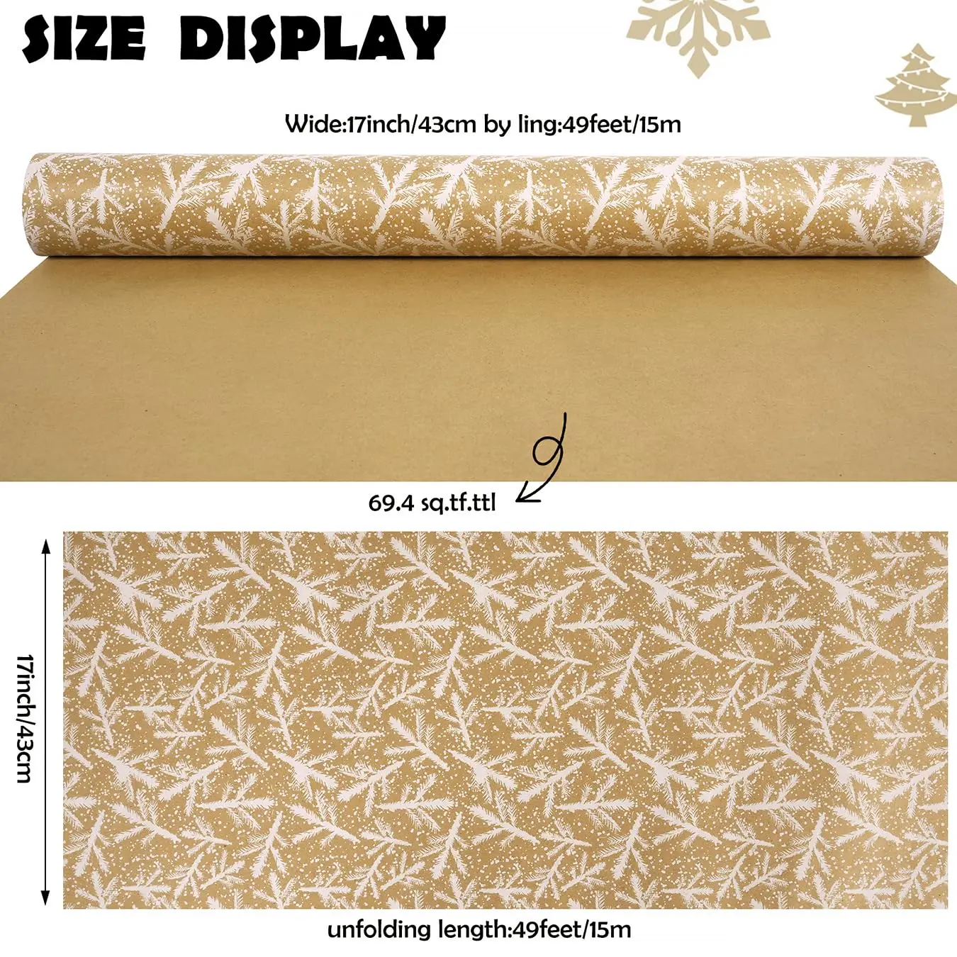1 Roll Christmas Wrapping Paper Roll, Vintage Kraft Wrapping Paper, 17 Inch x 49 Feet, White Pine Branches Design Gift Wrapping