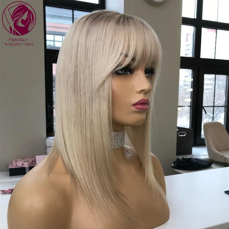 Short Bob Human Hair Wig with Bangs for Women Ombre Platinum Blonde Lace Front Part Wigs Fringe Brazilian Virgin hair Top Sale