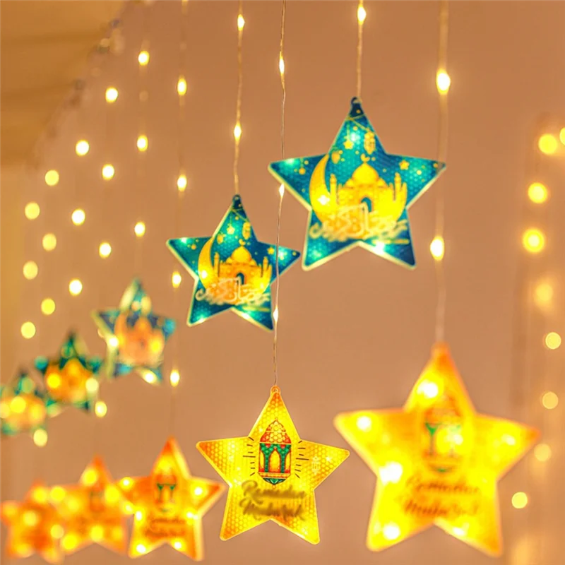 AA87 EID Mubarak Ramadaled Star Moon Colored Lights Strings Indoor Ambiance Decoration Hanukkah Battery Pack Curtain Light, Dura