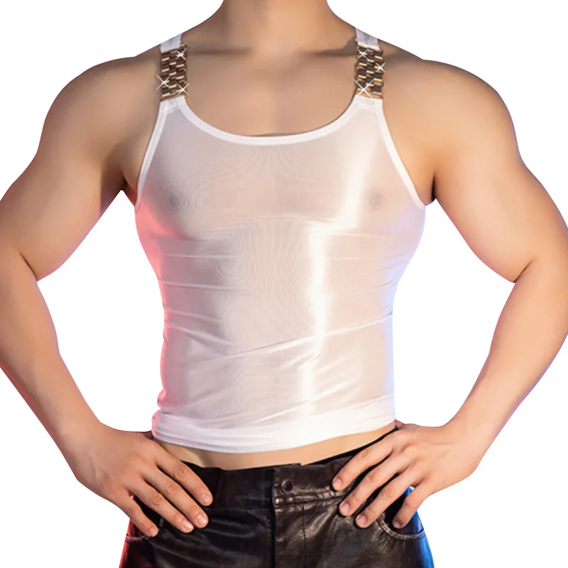 

Men Sexy Spaghtti Strap Vest Tank Tops Oil Shiny Smooth Sheer Sleeveless Shirts Elastic Erotic Camisole Party Clubwear Nightclub