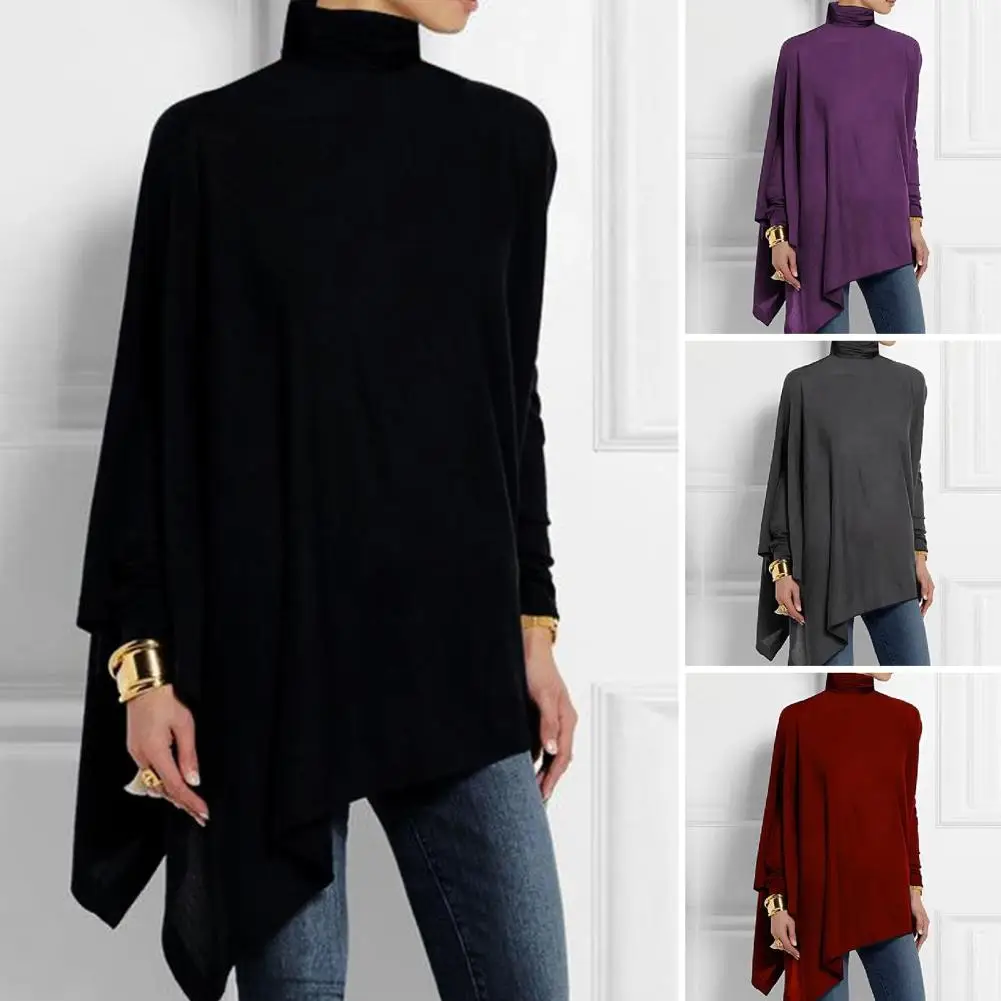 Women Autumn T-shirts Turtleneck Batwing Sleeve Irregular Hem T-shirt Top Ladies Pullover Blouse Fashion Tee Shirt Streetwear