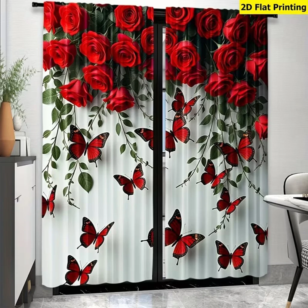 2-Piece Set High-Definition Digital Print Red Rose Butterfly Patterned Semi-Blackout Curtains