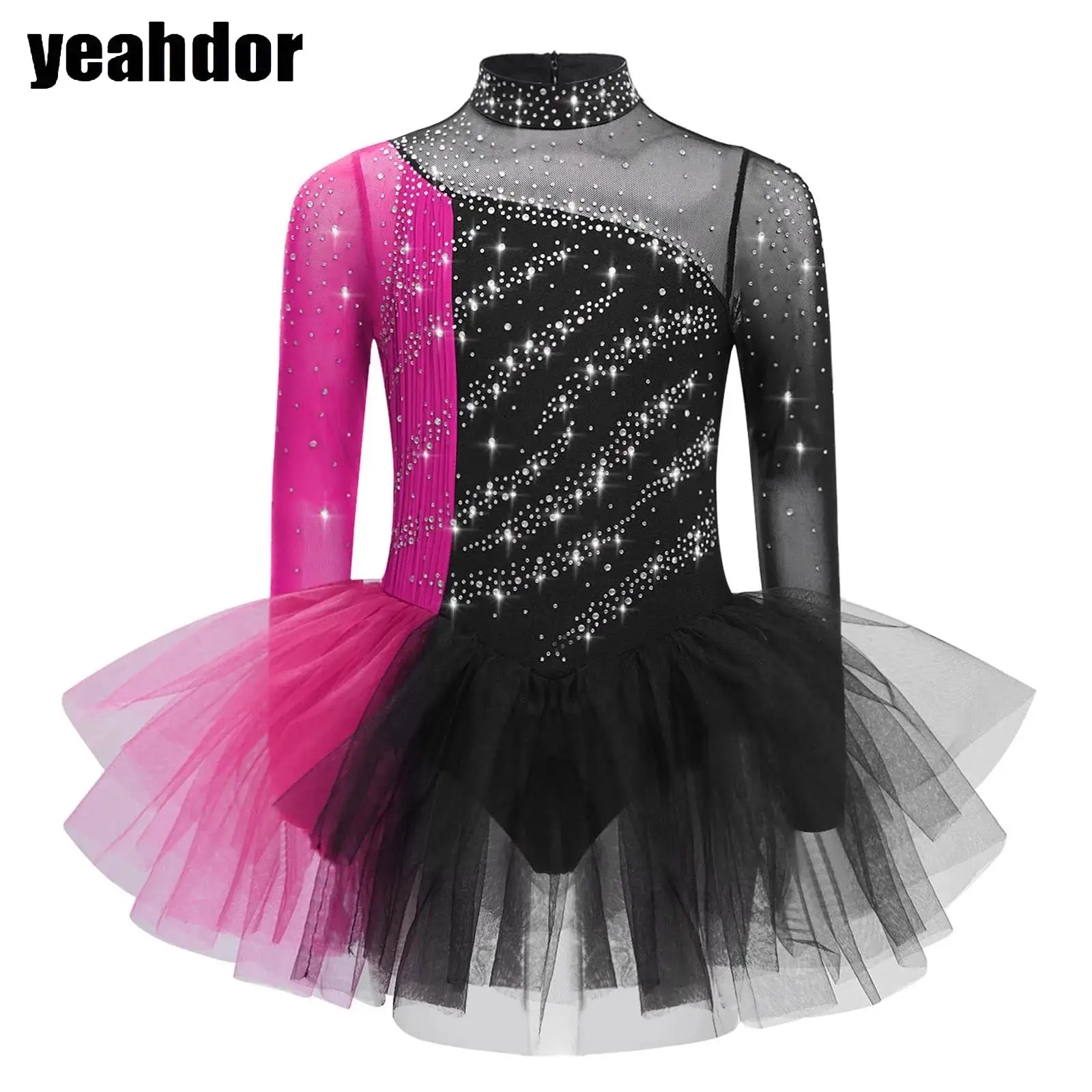 

Girls Figure Skating Dance Dress Ballet Gymnastic Leotard Dress Long Sleeves Rhinestones Color Block Mesh Tulle Dress