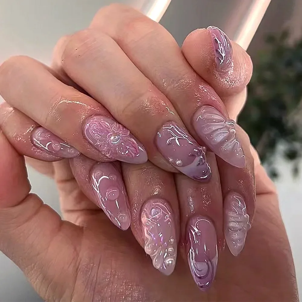 24 Uds. De uñas postizas 3D de concha de océano y almendra, diseño de onda con brillo de diamante pequeño, arte de uñas, raya plateada, ojo de gato, uñas de manicura francesa