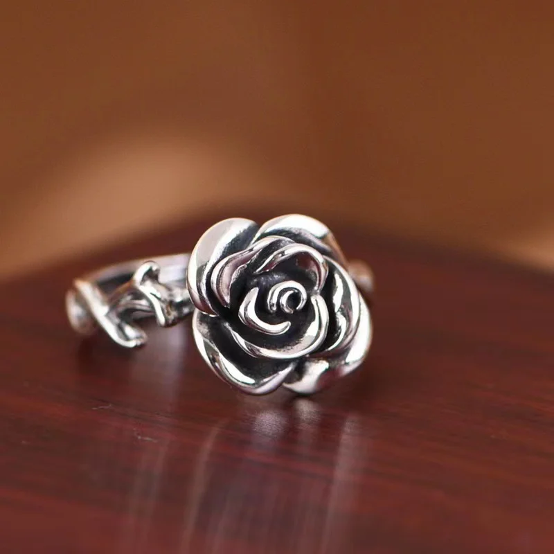 Fashion Lady S925 Ring Adjustable Vintage Relief Rose Flower Ring Women Jewelry Gift For Girlfriend