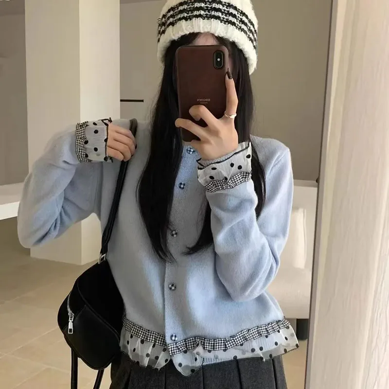 

Ladies' New Chic Ear Sweet Long-Sleeved Sweater Knit Cardigan Stitching Autumn Winter New Gentle Wild Top Women's Sweater Coat