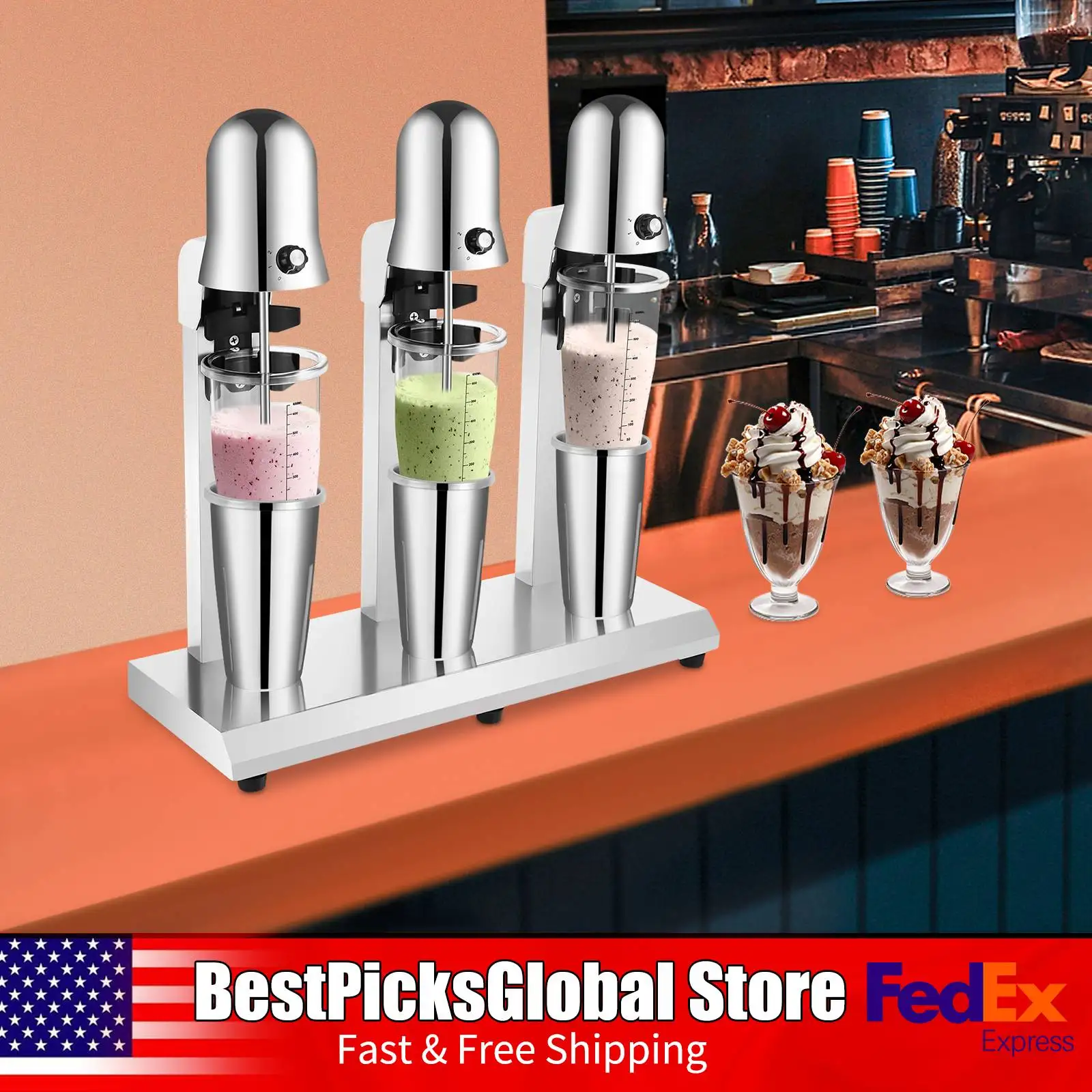 Triple Head Milkshake Maker, 18000 RPM, 3 X 180W Tabletop Blender with PC Cups for Commercial Use, 110V