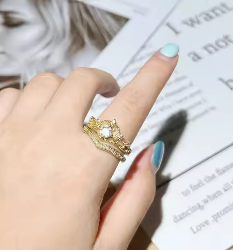 Elegant 2 -piece gold -plated Princess Ladies Women's Ring Crown Design Fashion Jewelry Marriage Anniversary Equipment Party