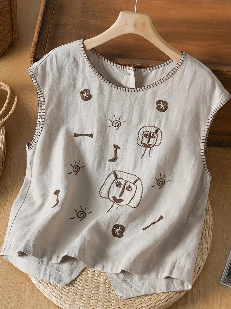 Retro Cartoon Ricamo Gilet di lino da donna Svel Top Anti-età Irregolare oulder Pad Estate Nuovo Sle Pendolarismo Sle