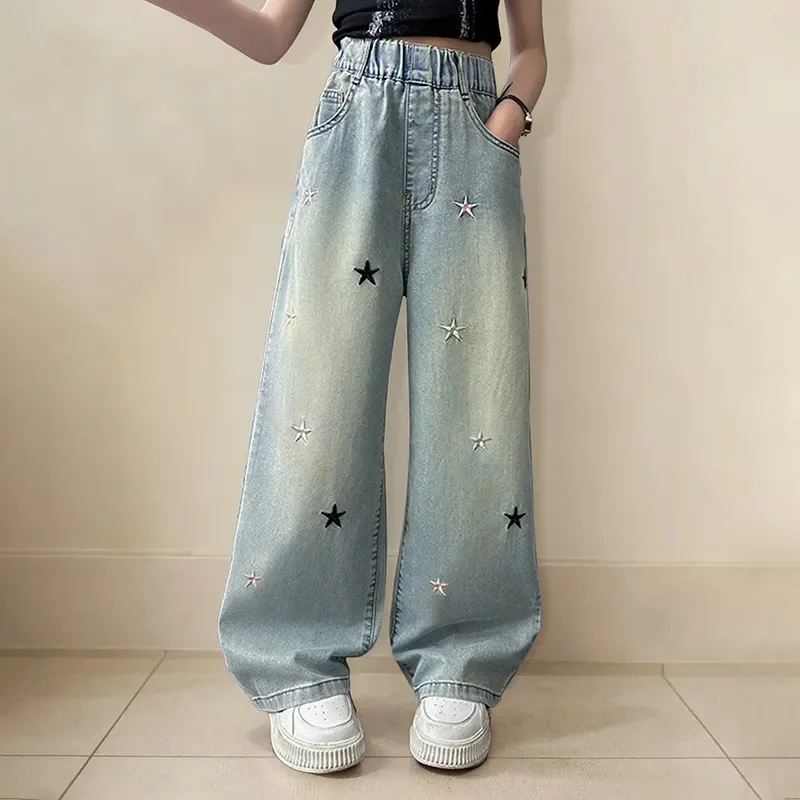 

Large Size Denim Trousers Women Trailing Straight Wide Leg Loose High Waisted Slim Lace Tassel Higher Pants Velvet Star