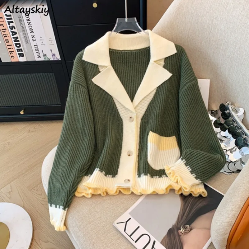 

Cardigans Women Single Breasted Panelled Fungus Turn-down Collar Cropped Baggy Cozy All-match Casual Tender Jumpers Autumn Ins