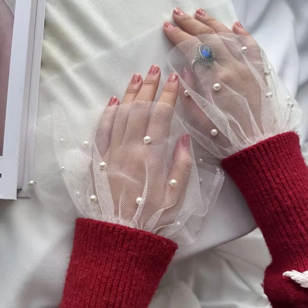 1Pairs أسود أبيض حبة شبكة كم الدانتيل الديكور مسمار نصائح عرض اكسسوارات مسمار الفن صور قفاز مانيكير التصوير الدعائم