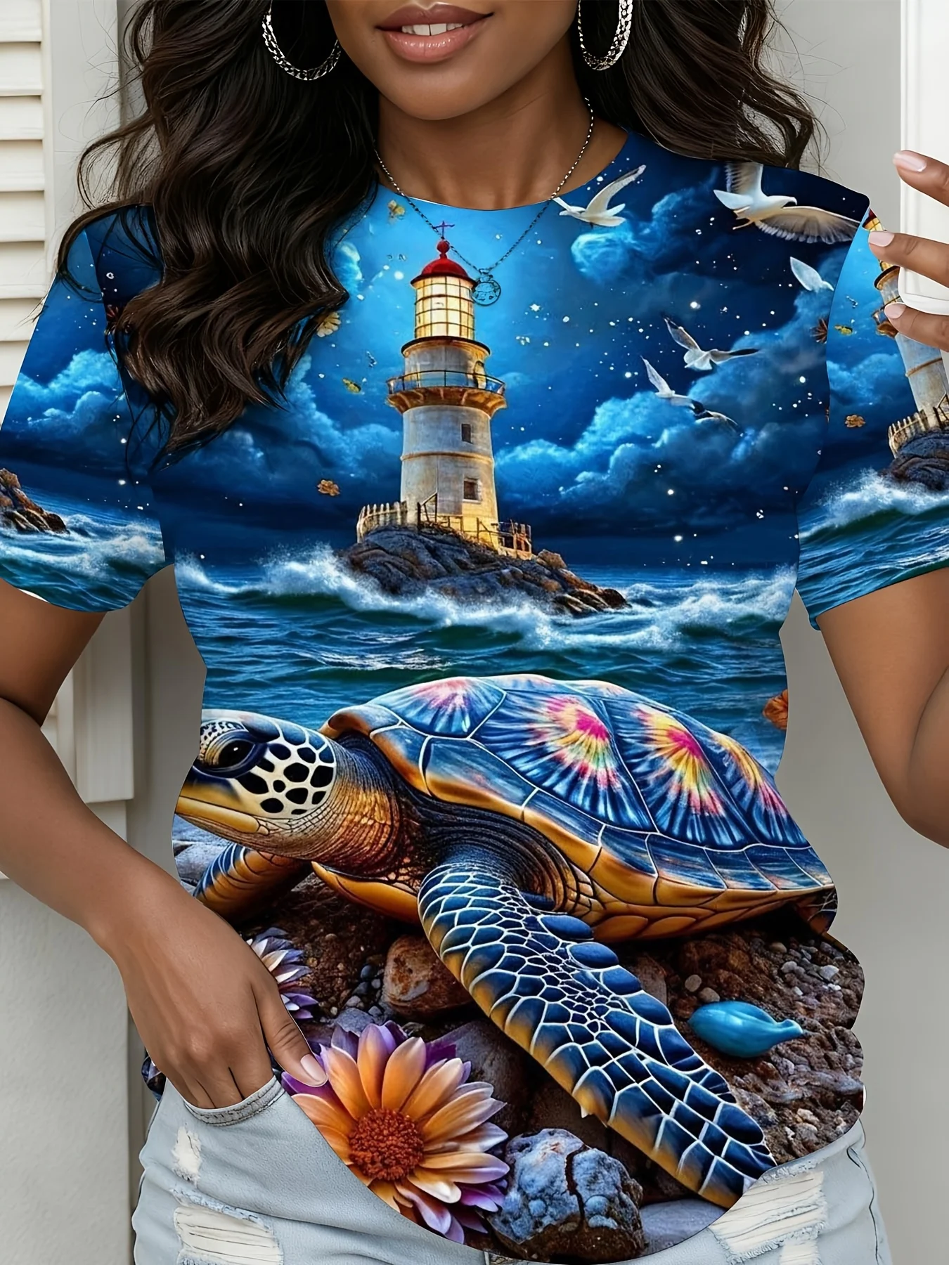 Women Crew Neck Short Sleeve T‑Shirt, Ocean Sea Turtle Lighthouse Coastal Scenery Graphic Tee