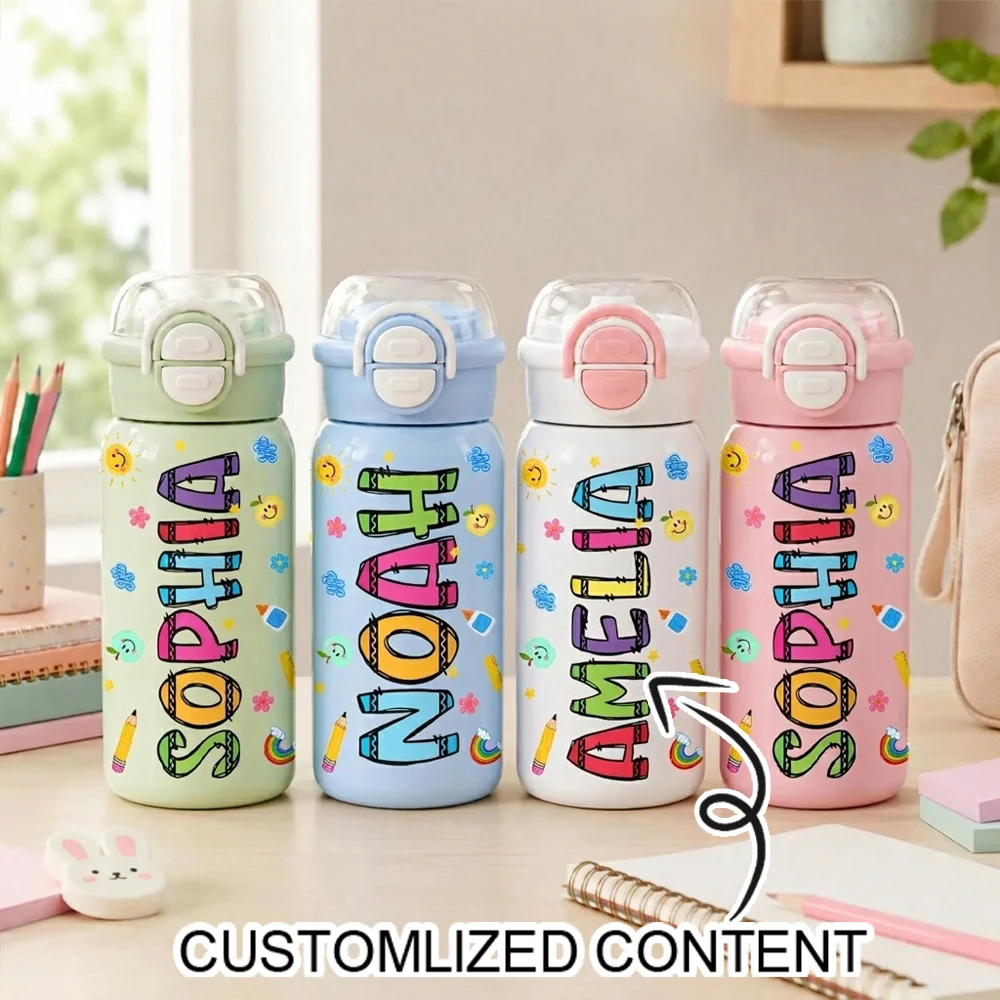 Custom Name Kids Stainless Steel Water Bottle, Colorful Letter Tumbler with Straw, Portable Leakproof Cup, Gift for Children.
