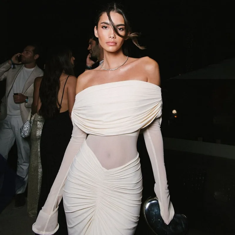 DINADD – robe une col, Sexy, élégante, dos nu, maille de fête, légèrement transparente, manches longues plissées, longueur au sol, 2025