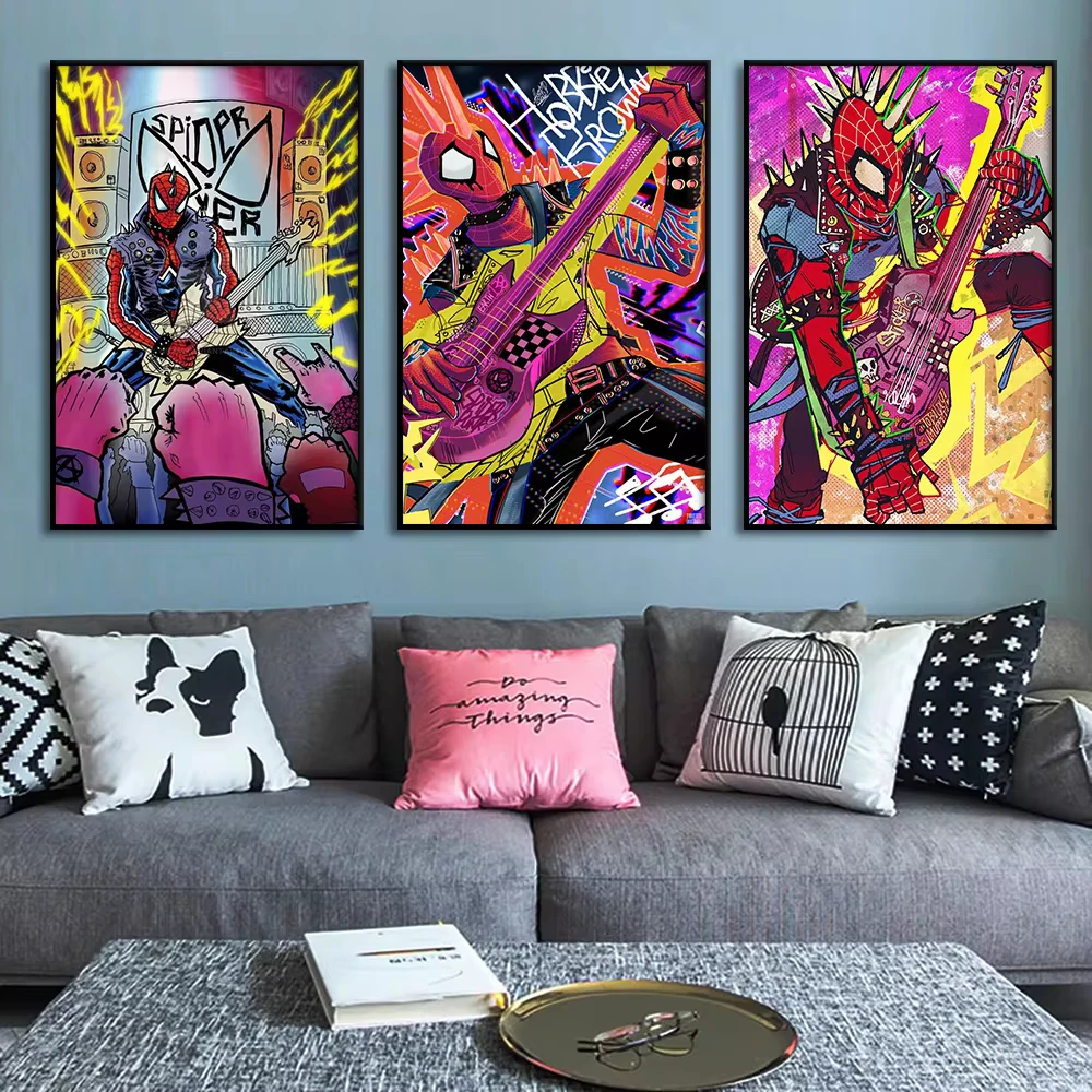 Póster de Lienzo con Estampado de Spiderman Punk Tocando la Guitarra, Arte de Pared con Graffiti, Cuadros Abstractos para Decoración del Hogar, sin Marco