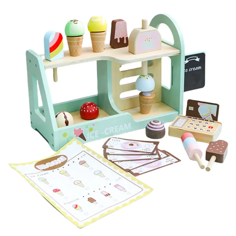 Ensemble de jouets de cuisine de Simulation, comptoir de crème glacée en bois, ensemble de jeu pour garçons et filles, Mini nourriture Montessori, jouets pour enfants, cuisson de fête de mariage