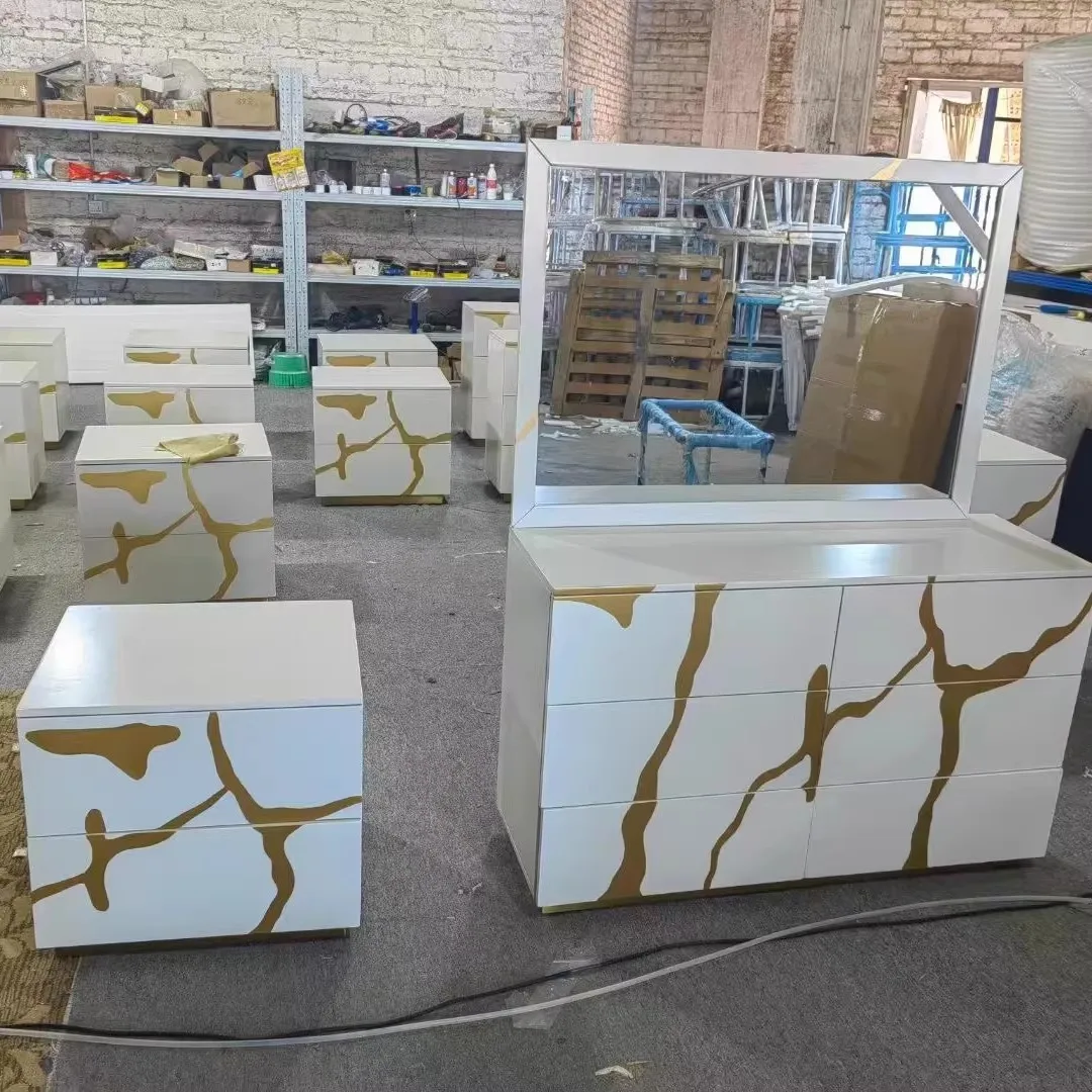 Modern Sideboard with Gold Abstract Design, White High Gloss Storage Cabinet with Multiple Drawers, Dining Room Console Table