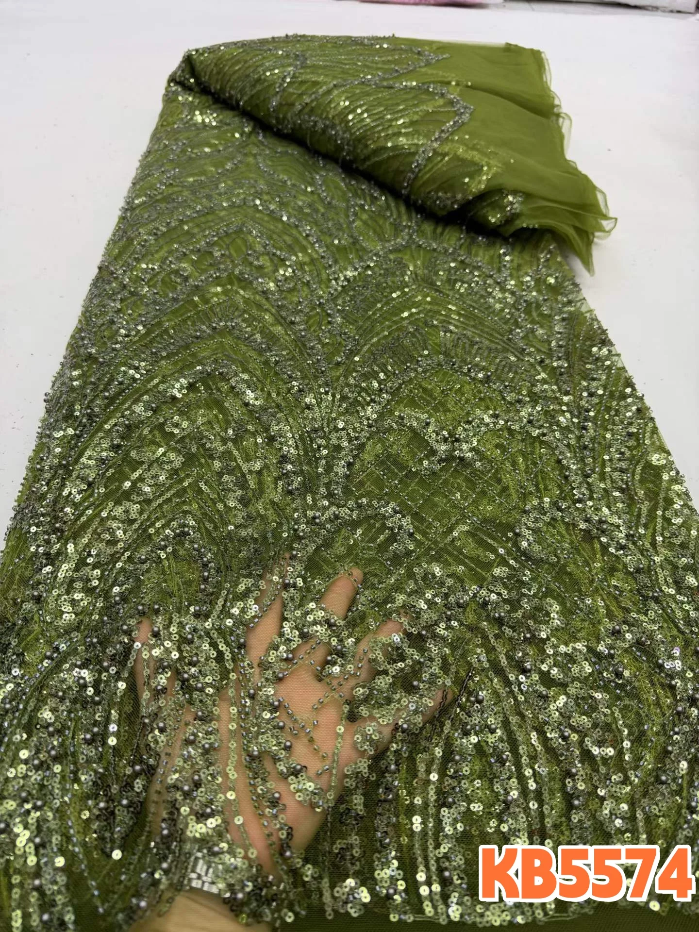 Oliver Green Beaded Lace Fabric With Sequence Latest Lace Fabric High Quality 2026 Beaded Tulle Lace Fabric for Sewing KB5574