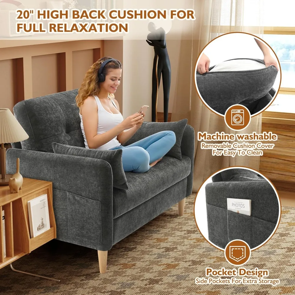 Sofá pequeno de 47 polegadas para quarto, mini sofá de chenille macio com travesseiro e capa de almofada removível para espaço pequeno