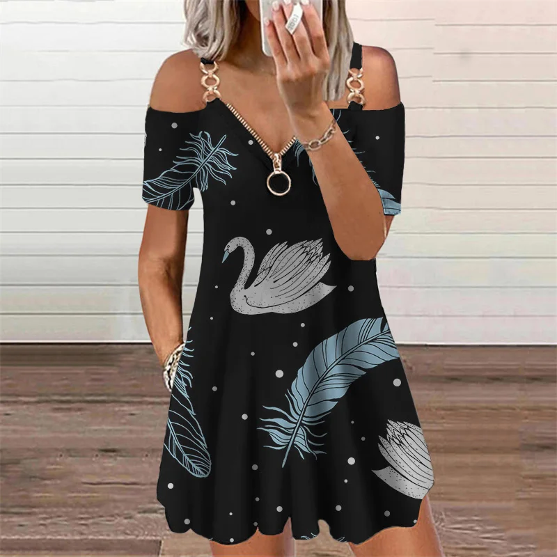 

Butterflies 3D Print Elegant Fashion Dress Women's Clothing 2022 Summer Zipper V-Neck Off Shoulder Casual Mini Dresses Oversized