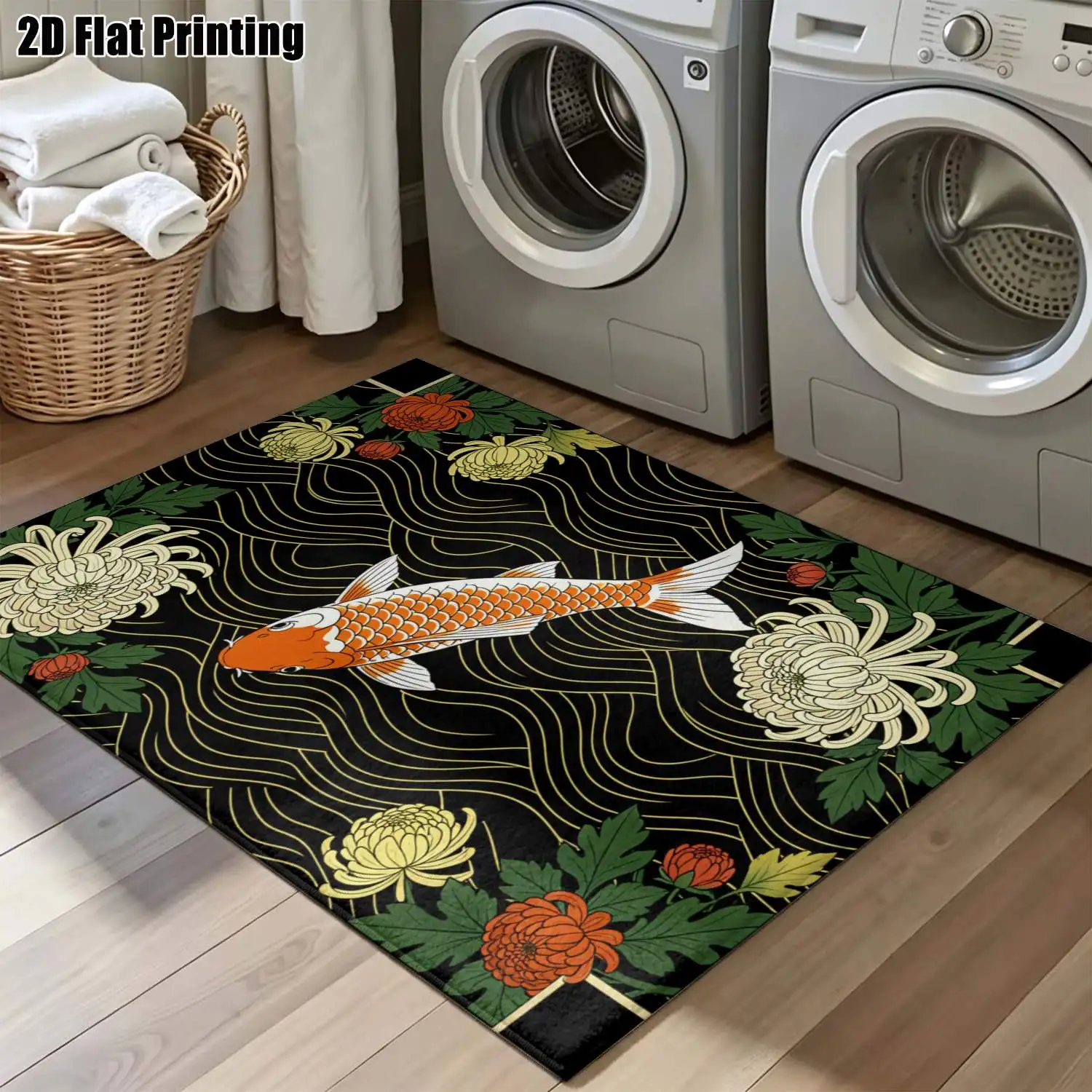 1Pc 2D Printed Koi & Chrysanthemum Wave Pattern Carpet: Vintage, Minimalist, European Style, Machine Washable, Multi-Size, for Home Decor, Multi-Scenario Use