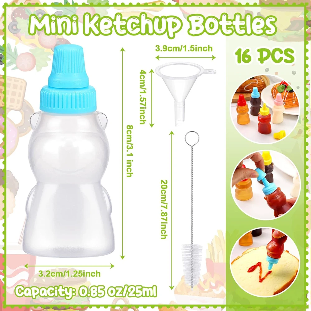 Mini Condiment Squeeze Bottles Set,16 Pcs 25 Ml Bear Shaped Mini Ketchup Bottle for Lunch Box with Cleanbrush Funnel Accessories