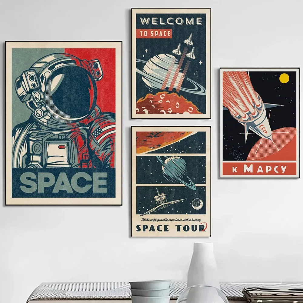 Vintage Retro 1961 Space Ship Astronaut Descend on Mars Classic Canvas Poster Explore Planets Wall Painting Gift Home Decor