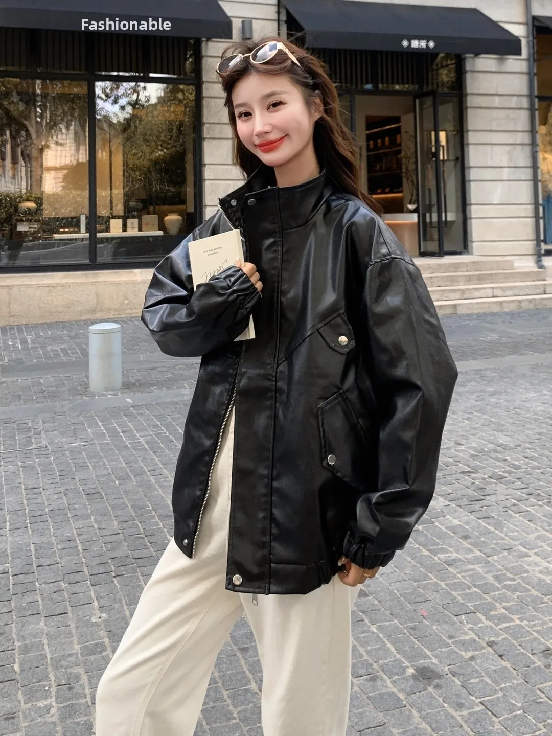 Bla Biker Jaet Cappotto in pelle semplice casual allentato da donna Autunno Nuovo arrivo Chiusura con cerniera Colletto lungo Sve Stand