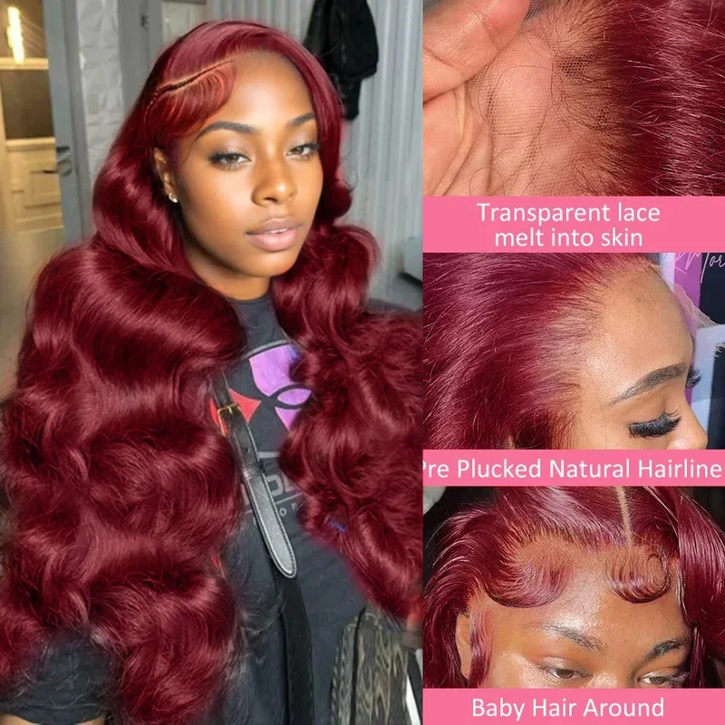 30 40 inch 250 density 99J Burgundy 13x6 lace frontal wigs red colored body wave 13x4 HD transparent human hair wigs for women