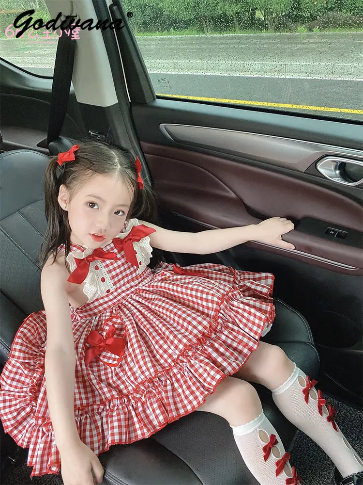 

Sweet Cute Girls Red Plaid Princess Lolita Slip Dress 2026 Summer New Fashion Kids Bow Lace High Waist Casual Breathable Dress