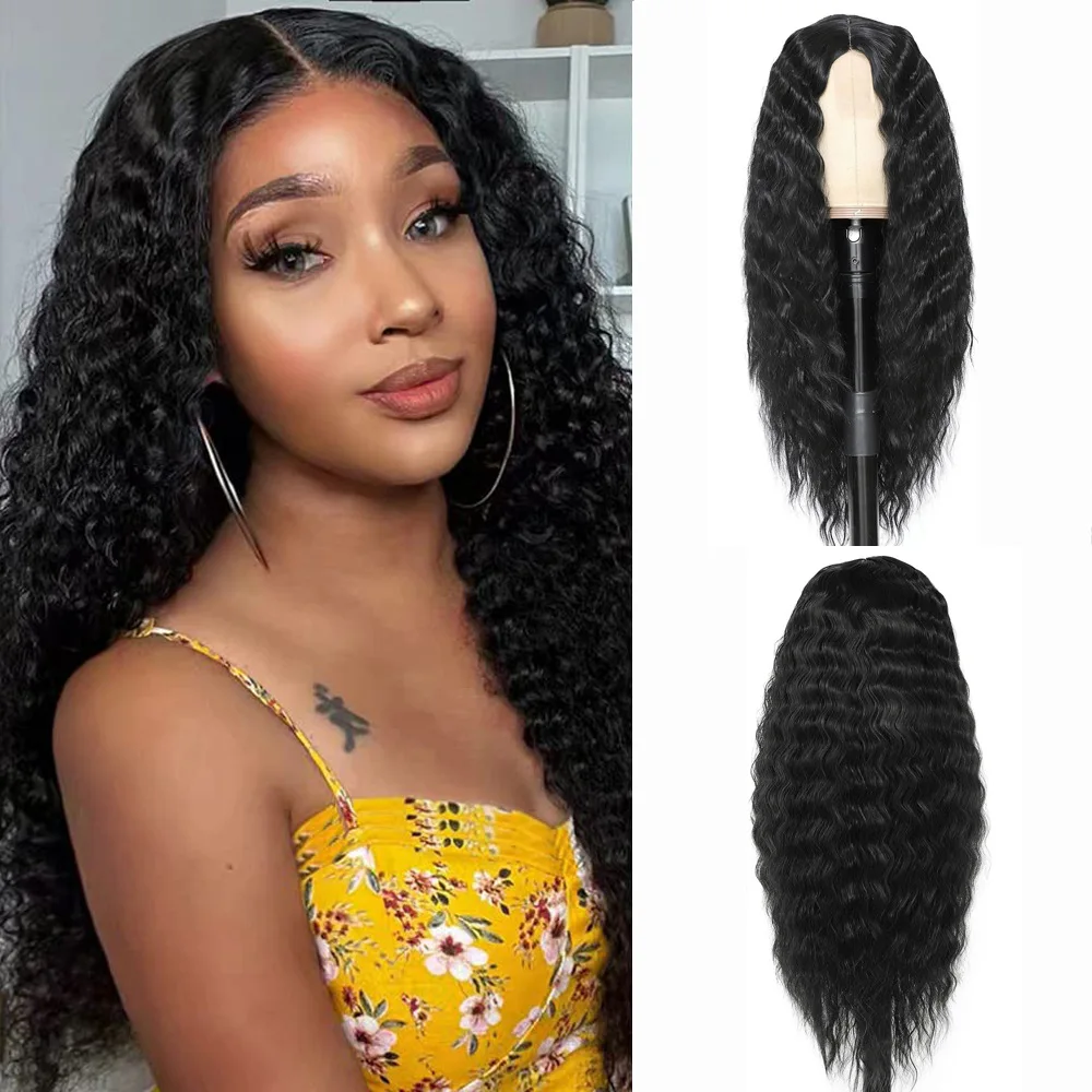 

Женская повязка на голову с маленькой кружевной лентой, черный парик из синтетического волокна с разрезом и волнистыми волнами