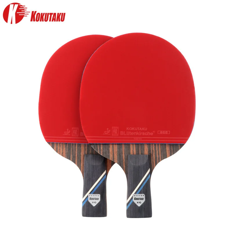 KOKUTAKU 6 Star Ping Pong Paddle Set of 7 Ply Ebony Rackets Long Short Handle Table tennis Bats Paddle Set ITTF Approved Rubber