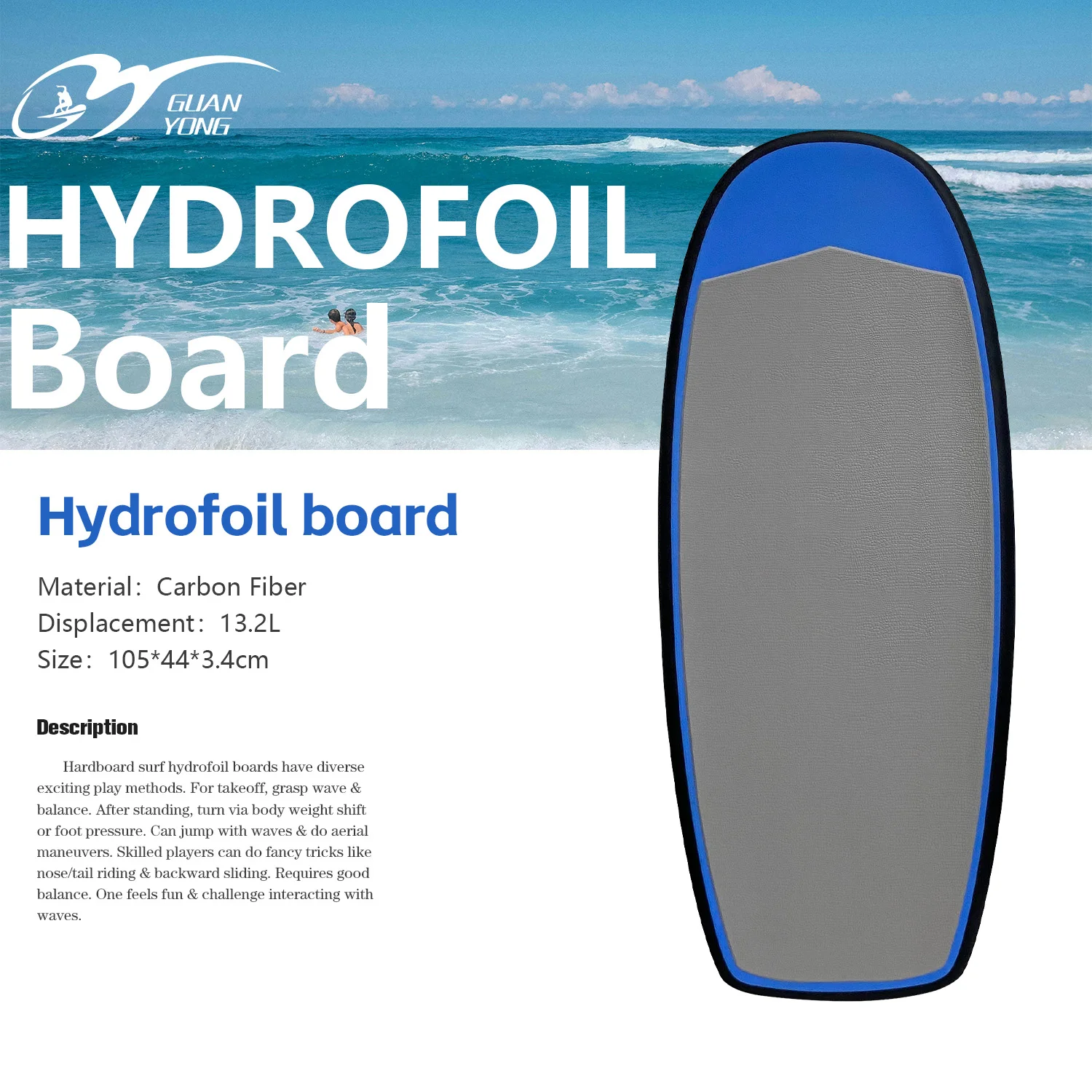 Hot Selling 105CM Blue Hydrofoil Hardboard 13.2L EPS+Carbon Fiber Material with Super Buoyancy for Hydrofoil Surfing