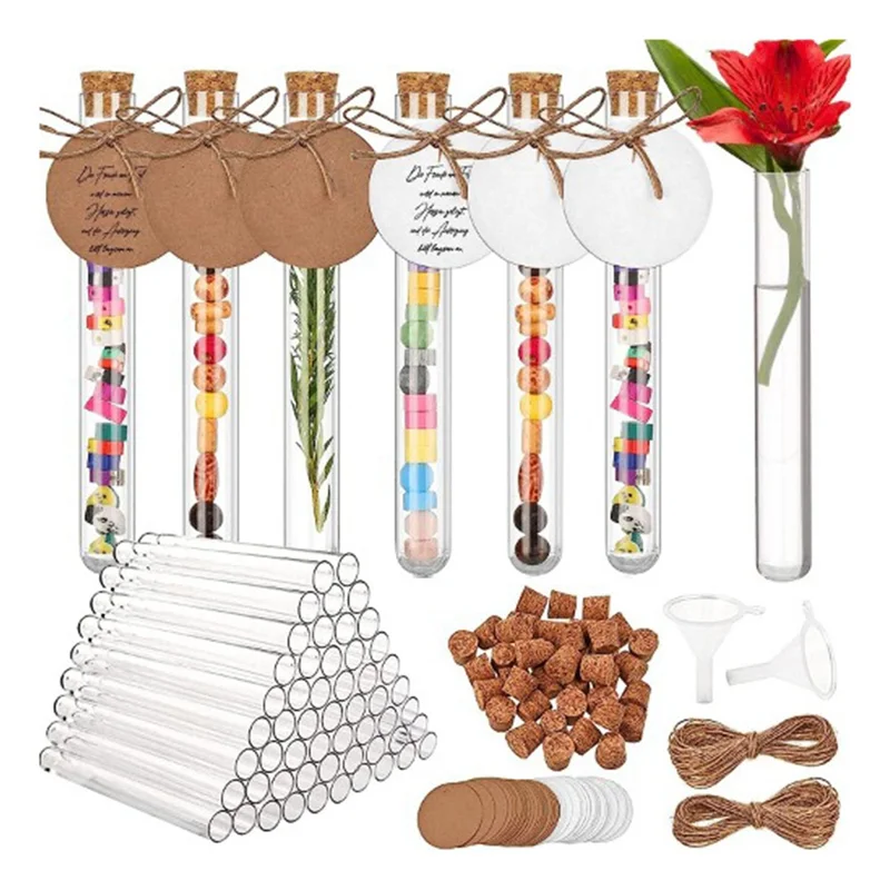 60 Pcs Test Tube With Cork, 16X150mm(20Ml), Plastic Test Tubes With Kraft Paper Tag & jute Rope Funnel